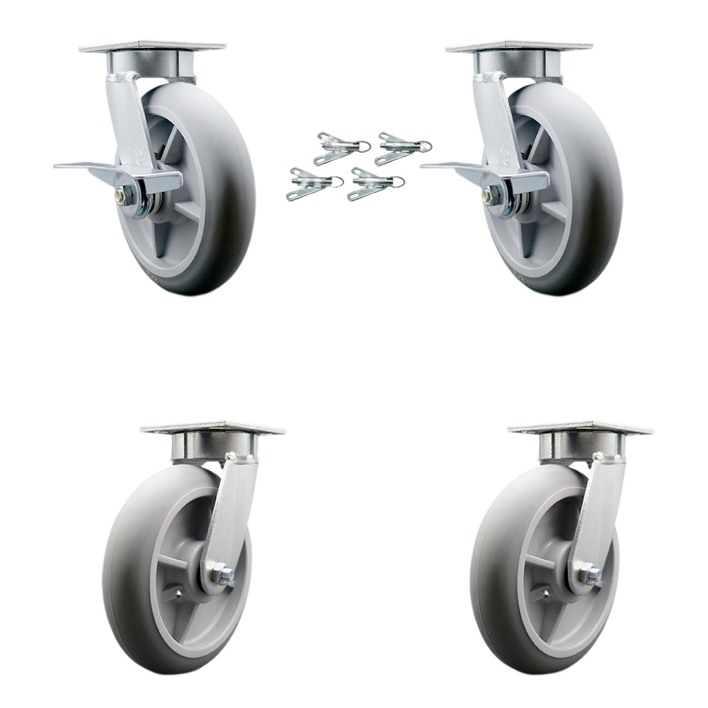 Kingpinless Thermo Rubber Donut Tread Swivel Top Plate Caster Set 4 w/8"x2" Gray Wheels-Includes 2 Swvl w/Brake and Bolt on Swvl Lcks&2 Swvl w/Bolt on Swvl Lcks-2400lbs Total Cpty-Service Caster Brand — photo 1