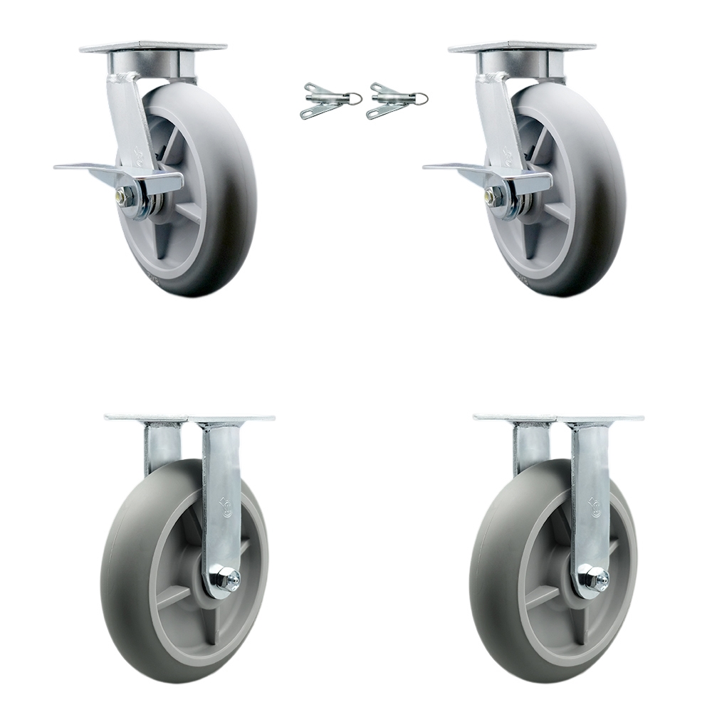 Kingpinless Thermo Rubber Donut Tread Swivel Top Plate Caster Set of 4 w/8" x 2" Gray Wheels - Includes 2 Swivel with Brakes and Bolt on Swivel Locks& 2 Rigid-2400lbs Total Cpty - Service Caster Brand — photo 1