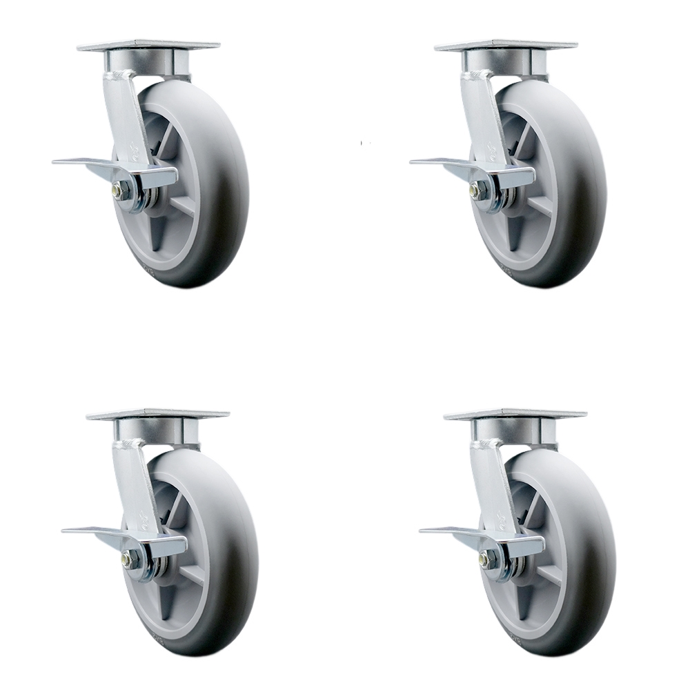 Heavy Duty Kingpinless Swivel Caster Set of 4 with 8 Inch Thermoplastic Rubber Donut Tread Wheels and Ball Bearings-Includes 4 Swivel with Side Lock Brakes and Bolt on Swivel Lock-Service Caster Brand — photo 1