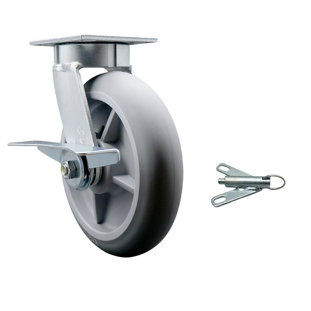 Kingpinless Thermo Rubber Donut Tread Swivel Top Plate Caster w/8" x 2" Gray Wheel & Side Lck Brake and Bolt on Swivel Lock - 600 lbs Capacity/Caster - Service Caster Brand — photo 1