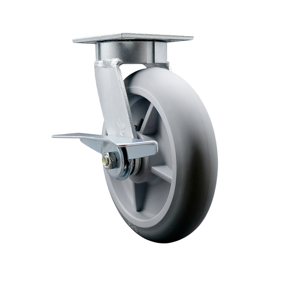 Kingpinless Thermo Rubber Donut Tread Swivel Top Plate Caster w/8" x 2" Gray Wheel & Side Lck Brake - 600 lbs Capacity/Caster - Service Caster Brand — photo 1