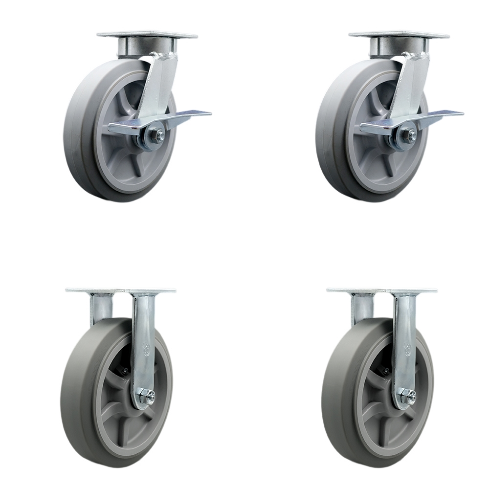 Kingpinless Thermo Rubber Flat Tread Swivel Top Plate Caster Set of 4 w/8' x 2" Gray Wheels - Includes 2 Swivel & 2 Rigid - 2400 lbs Total Capacity - Service Caster Brand — photo 1