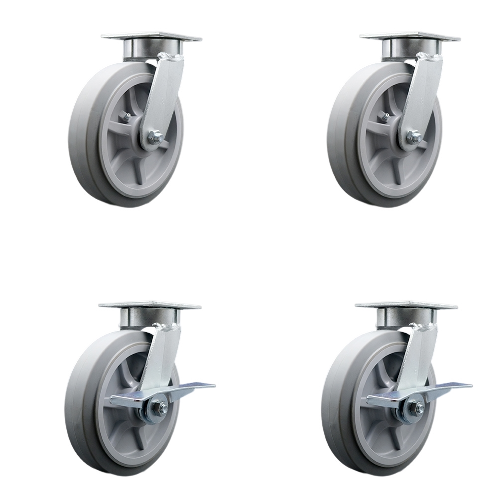 Heavy Duty Kingpinless Swivel Caster Set of 4 with 8 Inch Thermoplastic Rubber Flat Tread Wheels and Ball Bearings-Includes 2 Swivel with Brakes&2 Swivel-2,400lbs. Total Capacity- Service Caster Brand — photo 1