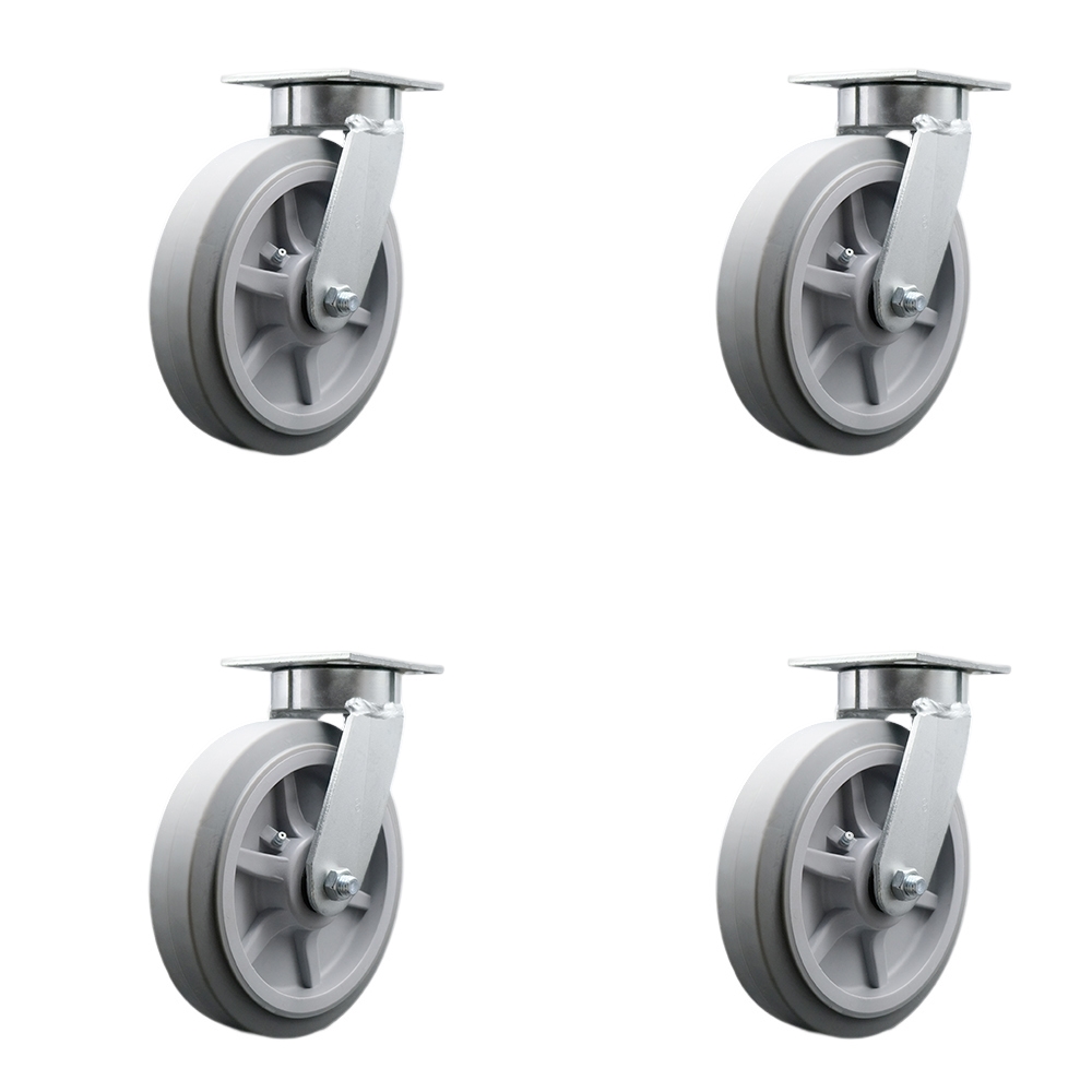 Heavy Duty Kingpinless Swivel Caster Set of 4 with 8 Inch Thermoplastic Rubber Flat Tread Wheels and Ball Bearings - Includes 4 Swivel - 2,400 lbs. Total Capacity - Service Caster Brand — photo 1