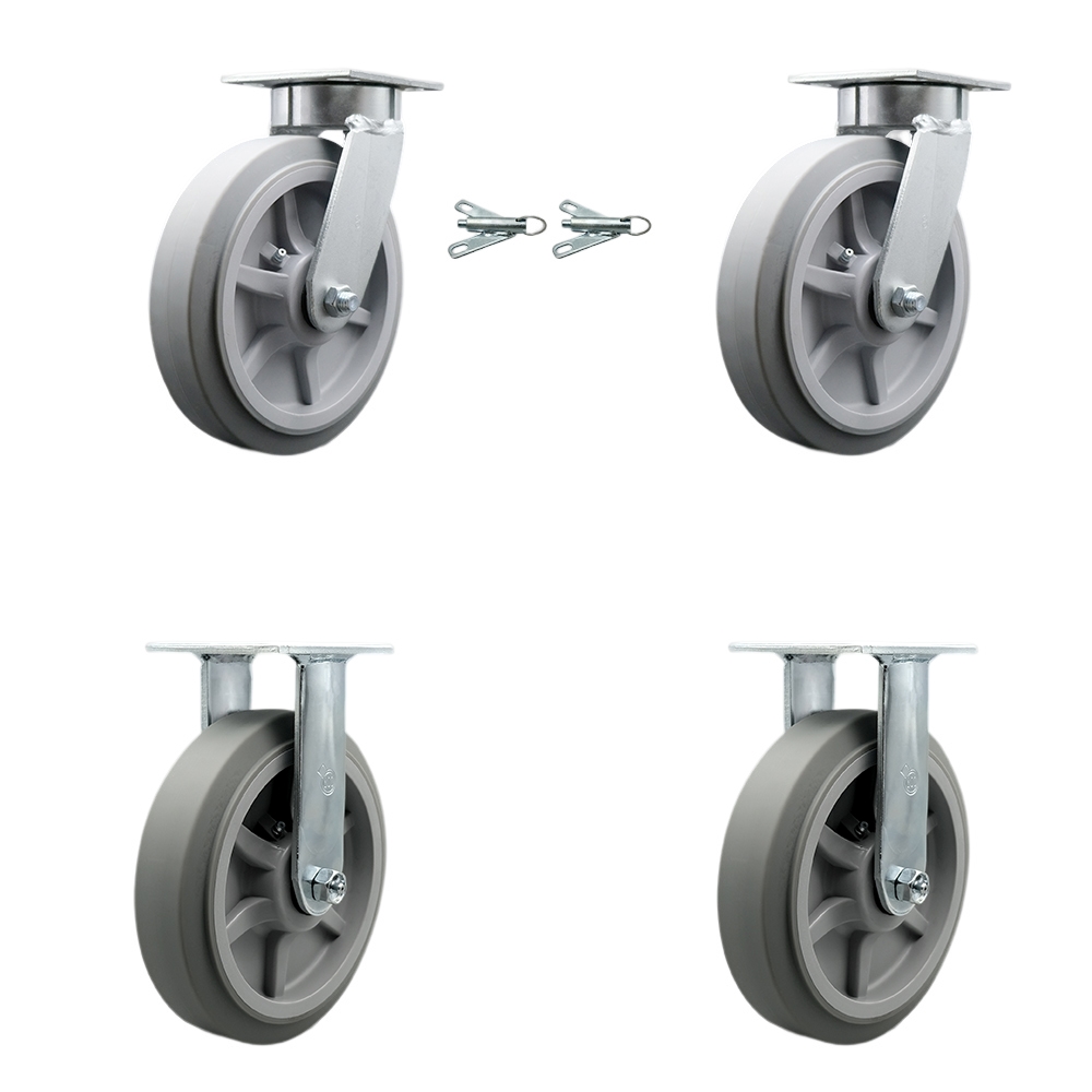 Kingpinless Thermo Rubber Flat Tread Swivel Top Plate Caster Set of 4 w/8' x 2" Gray Wheels - Includes 2 Swivel with Bolt on Swivel Locks & 2 Rigid - 2400 lbs Total Capacity - Service Caster Brand — photo 1