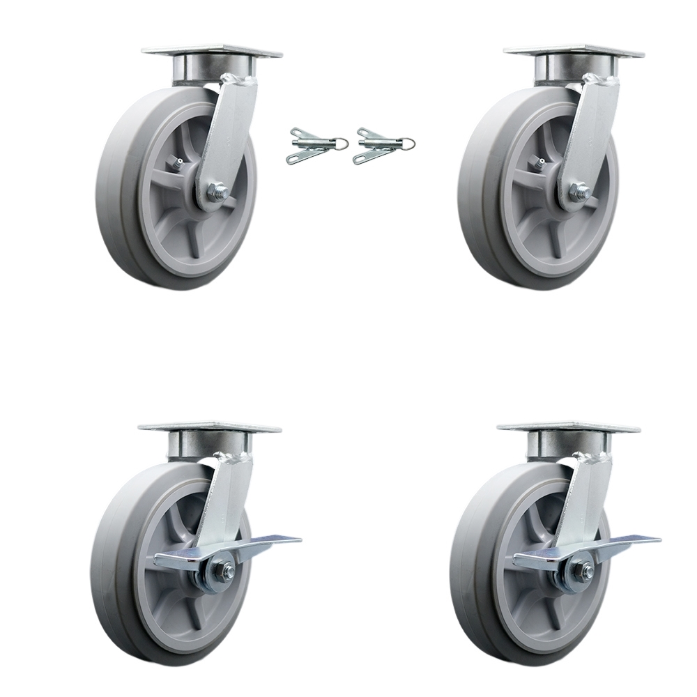 Kingpinless Thermo Rubber Flat Tread Swivel Top Plate Caster Set of 4 w/8' x 2" Gray Wheels - Includes 2 Swivel with Bolt on Swivel Locks&2 Swivel with Brakes-2400lbs Total Cpty - Service Caster Brand — photo 1