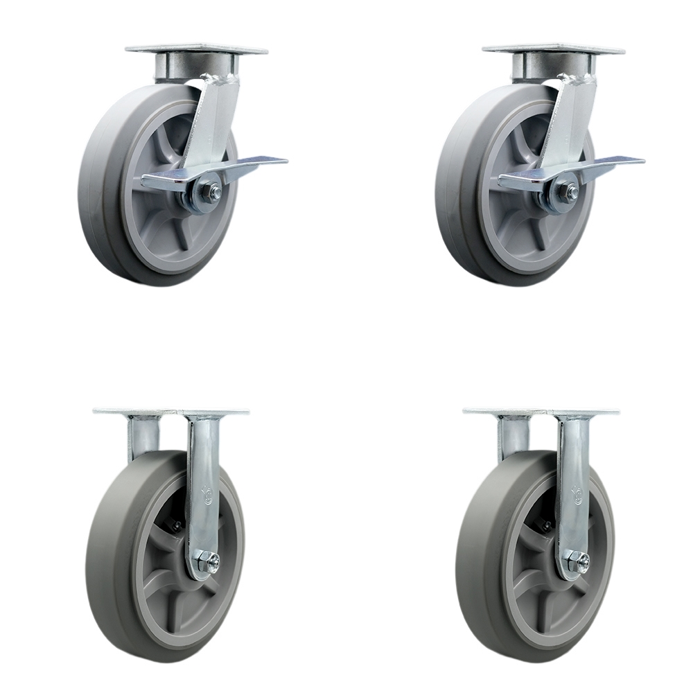 Kingpinless Thermo Rubber Flat Tread Swivel Top Plate Caster Set of 4 w/8' x 2" Gray Wheels - Includes 2 Swivel with Brakes & 2 Rigid - 2400 lbs Total Capacity - Service Caster Brand — photo 1