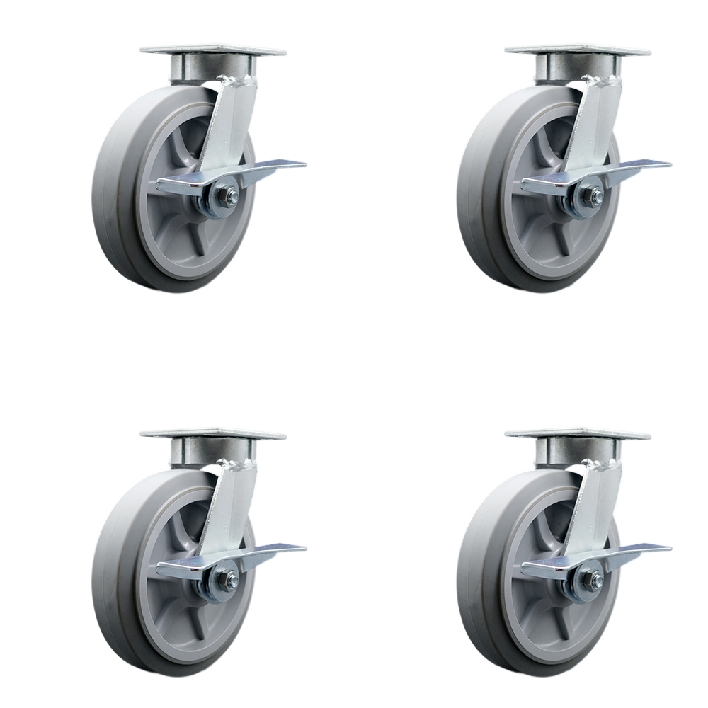 Heavy Duty Kingpinless Swivel Caster Set of 4 with 8 Inch Thermoplastic Rubber Flat Tread Wheels and Ball Bearings-Includes 4 Swivel with Side Lock Brake-2,400lbs. Total Capacity- Service Caster Brand — photo 1