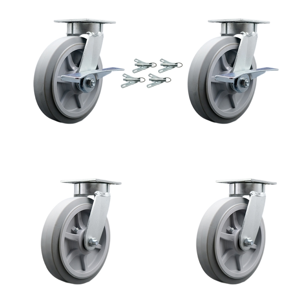 Kingpinless Thermo Rubber Flat Tread Swivel Top Plate Caster Set 4 w/8'x2" Gray Wheels-Includes 2 Swvl w/Brakes and Bolt on Swvl Lcks&2 Swvl w/Bolt on Swvl Lcks-2400lbs Total Cpty-Service Caster Brand — photo 1