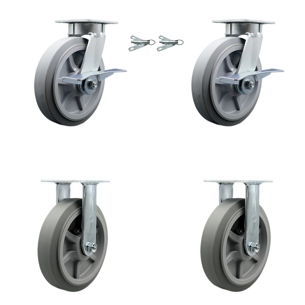 Kingpinless Thermo Rubber Flat Tread Swivel Top Plate Caster Set of 4 w/8' x 2" Gray Wheels - Includes 2 Swivel with Brakes and Bolt on Swivel Locks & 2 Rigid-2400lbs Total Cpty - Service Caster Brand — photo 1