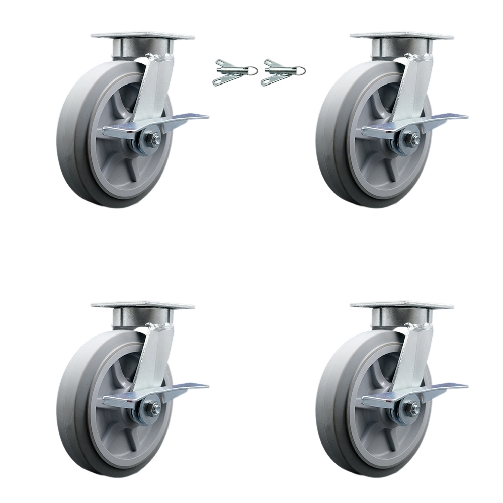 Heavy Duty Kingpinless Swivel Caster Set of 4 with 8 Inch Thermoplastic Rubber Flat Tread Wheels and Ball Bearings-Include 2 Swivel with Brake&Swivel Lock and 2 Swivel with Brake- Service Caster Brand — photo 1