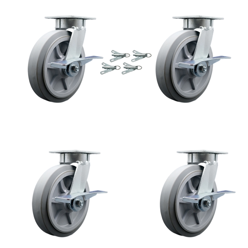 Heavy Duty Kingpinless Swivel Caster Set of 4 with 8 Inch Thermoplastic Rubber Flat Tread Wheels and Ball Bearings-Includes 4 Swivel with Side Lock Brakes and Bolt on Swivel Lock- Service Caster Brand — photo 1