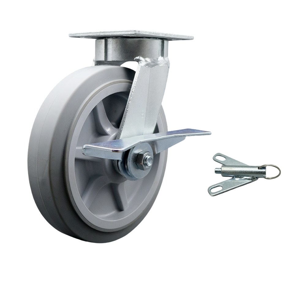 Heavy Duty Kingpinless Swivel Top Plate Caster with Side Lock Brake and Swivel Lock and 8 Inch Thermoplastic Rubber Flat Tread Wheel with Ball Bearings -600 lbs. Capacity/Caster - Service Caster Brand — photo 1