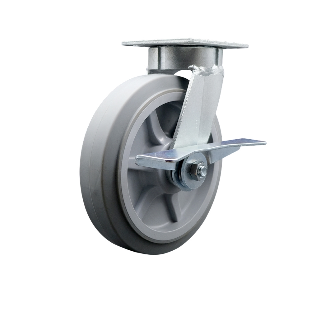 Kingpinless Thermo Rubber Flat Tread Swivel Top Plate Caster w/8' x 2" Gray Wheel & Side Lck Brake - 600 lbs Capacity/Caster - Service Caster Brand — photo 1