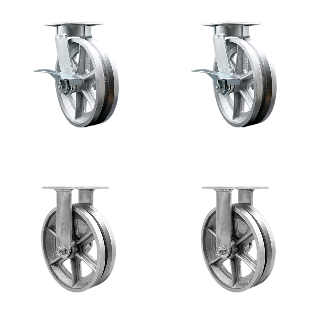 Heavy Duty Kingpinless Swivel Caster Set of 4 with 8 Inch V-Groove Semi Steel Cast Iron Wheels and Bronze Bearings - Includes 2 Swivel and 2 Rigid - 5,000 lbs. Total Capacity - Service Caster Brand — photo 1