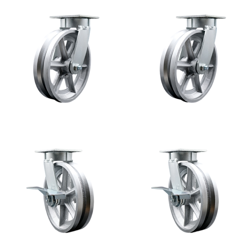 Heavy Duty Kingpinless Swivel Caster Set of 4 with 8 Inch V-Groove Semi Steel Cast Iron Wheels and Bronze Bearings-Includes 2 Swivel with Brake & 2 Swivel-5,000lbs. Total Capacity-Service Caster Brand — photo 1