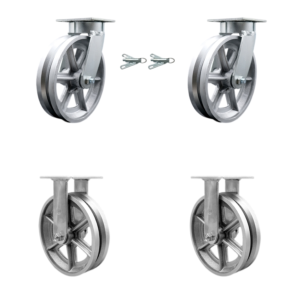 Kingpinless V Groove Semi Steel Swivel Top Plate Caster Set of 4 w/8" x 2" Silver Wheels - Includes 2 Swivel with Bolt on Swivel Locks & 2 Rigid - 5000 lbs Total Capacity - Service Caster Brand — photo 1