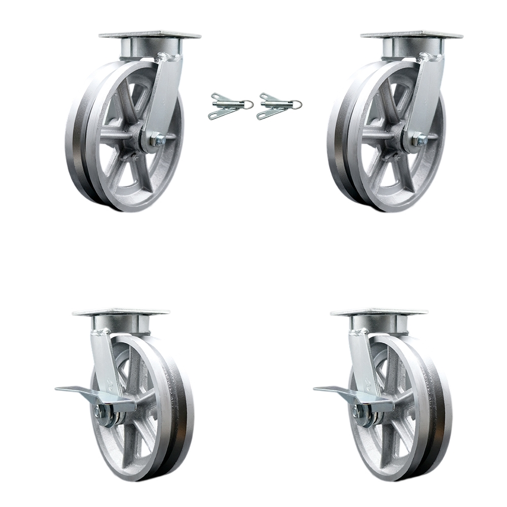 Heavy Duty Kingpinless Swivel Caster Set of 4 with 8 Inch V-Groove Semi Steel Cast Iron Wheels and Ball Bearings-Includes 2 Swivel with Bolt on Swivel Lock and 2 Swivel with Brake-Service Caster Brand — photo 1