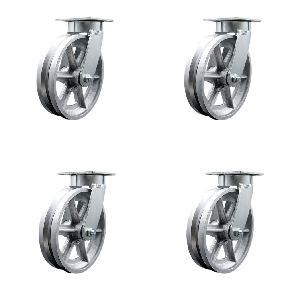 Kingpinless V Groove Semi Steel Swivel Top Plate Caster Set of 4 w/8" x 2" Silver Wheels - Includes 4 Swivel w/Bolt on Swivel Locks - 5000 lbs Total Capacity - Service Caster Brand — photo 1
