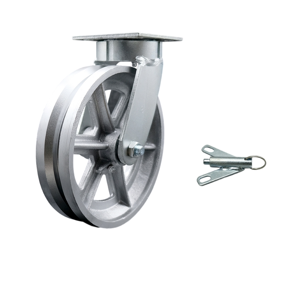 Heavy Duty Kingpinless Swivel Top Plate Caster with Bolt on Swivel Lock and 8 Inch V-Groove Semi Steel Cast Iron Wheel with Bronze Bearings - 1,250 lbs. Capacity/Caster - Service Caster Brand — photo 1
