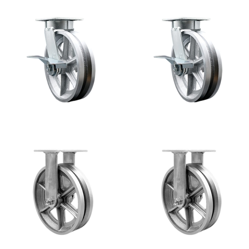 Kingpinless V Groove Semi Steel Swivel Top Plate Caster Set of 4 w/8" x 2" Silver Wheels - Includes 2 Swivel with Brakes & 2 Rigid - 5000 lbs Total Capacity - Service Caster Brand — photo 1