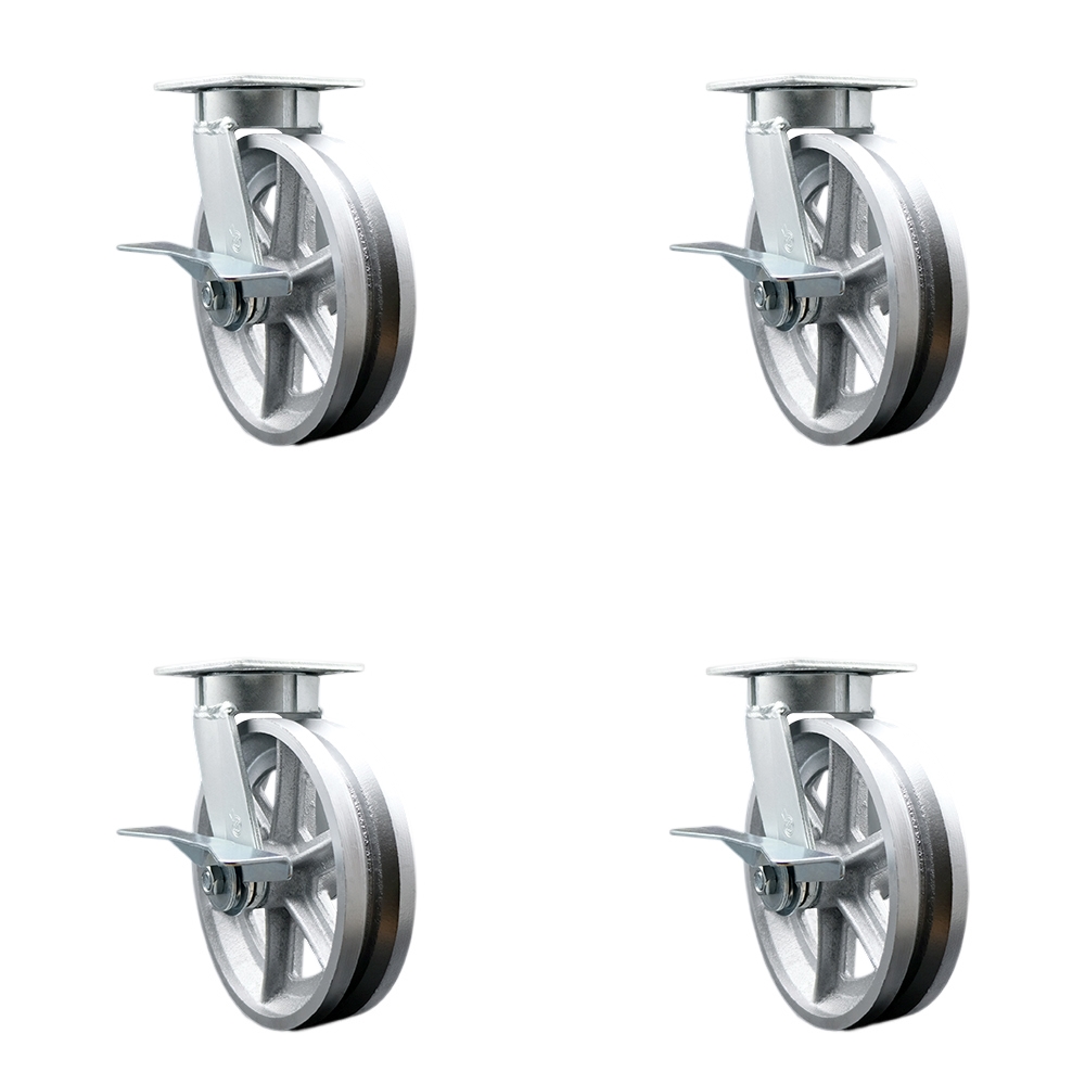 Heavy Duty Kingpinless Swivel Caster Set of 4 with 8 Inch V-Groove Semi Steel Cast Iron Wheels and Ball Bearings-Includes 4 Swivel with Side Lock Brakes-5,000 lbs. Total Capacity- Service Caster Brand — photo 1