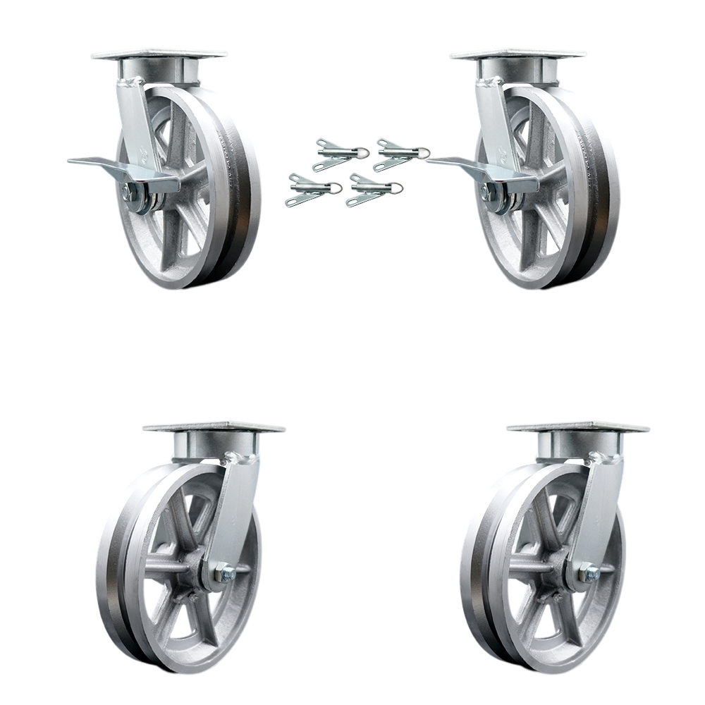 Kingpinless V Groove Semi Steel Swivel Top Plate Caster Set 4 w/8" x 2" Silver Wheels-Includes 2 Swvl w/Brakes and Bolt on Swvl Lcks&2 Swvl w/Bolt on Swvl Lcks-5000lbs Total Cpty- Service Caster Brand — photo 1