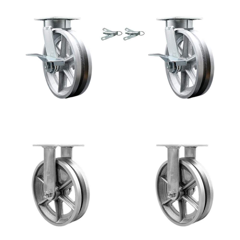 Heavy Duty Kingpinless Swivel Caster Set of 4 with 8 Inch V-Groove Semi Steel Cast Iron Wheels and Ball Bearings-Includes 2 Swivel with Brakes and Bolt on Swivel Locks and 2 Rigid-Service Caster Brand — photo 1