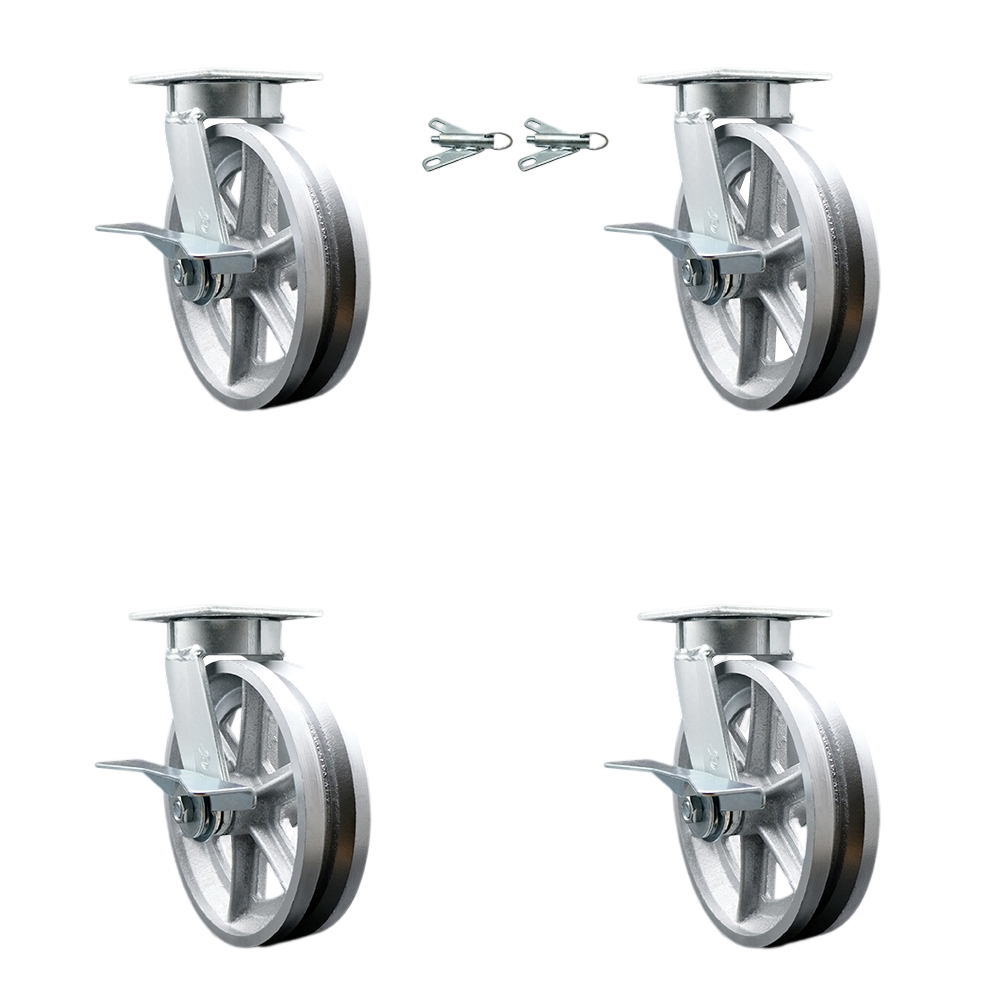 Kingpinless V Groove Semi Steel Swivel Top Plate Caster Set 4 w/8" x 2" Silver Wheels-Includes 2 Swivel with Brakes and Bolt on Swivel Lcks&2 Swivel with Brakes-5000lbs Total Cpty-Service Caster Brand — photo 1