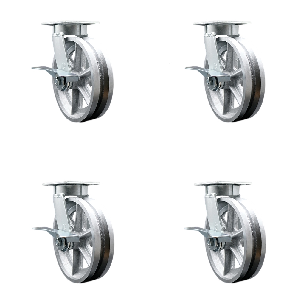 Heavy Duty Kingpinless Swivel Caster Set of 4 with 8 Inch V-Groove Semi Steel Cast Iron Wheels and Bronze Bearings-Includes 4 Swivel with Side Lock Brakes and Bolt on Swivel Locks-Service Caster Brand — photo 1