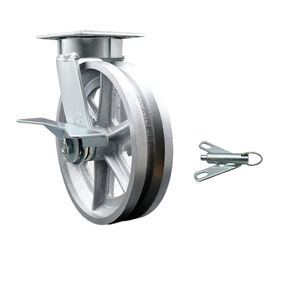 Heavy Duty Kingpinless Swivel Top Plate Caster with Side Lock Brake&Bolt on Swivel Lock and 8 Inch V-Groove Semi Steel Cast Iron Wheel with Bronze Bearing-1,250lbs Capacity/Caster-Service Caster Brand — photo 1