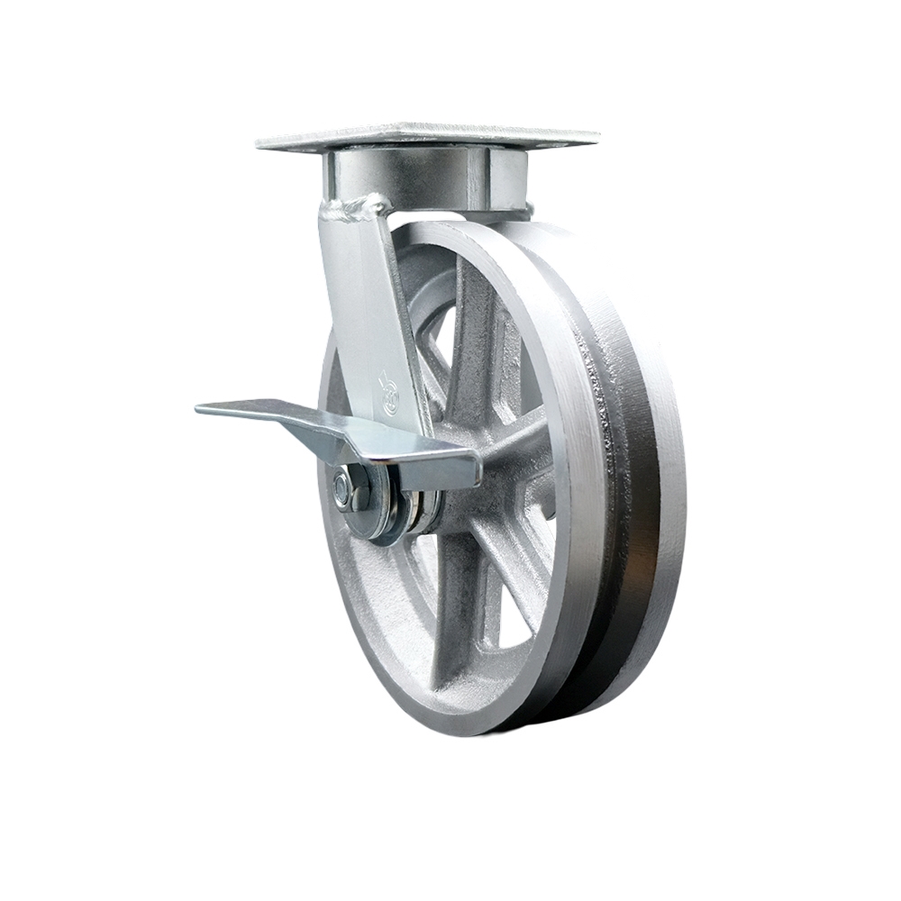 Heavy Duty Kingpinless Swivel Top Plate Caster with Side Lock Brake and 8 Inch V-Groove Semi Steel Cast Iron Wheel with Bronze Bearings - 1,250 lbs. Capacity/Caster - Service Caster Brand — photo 1