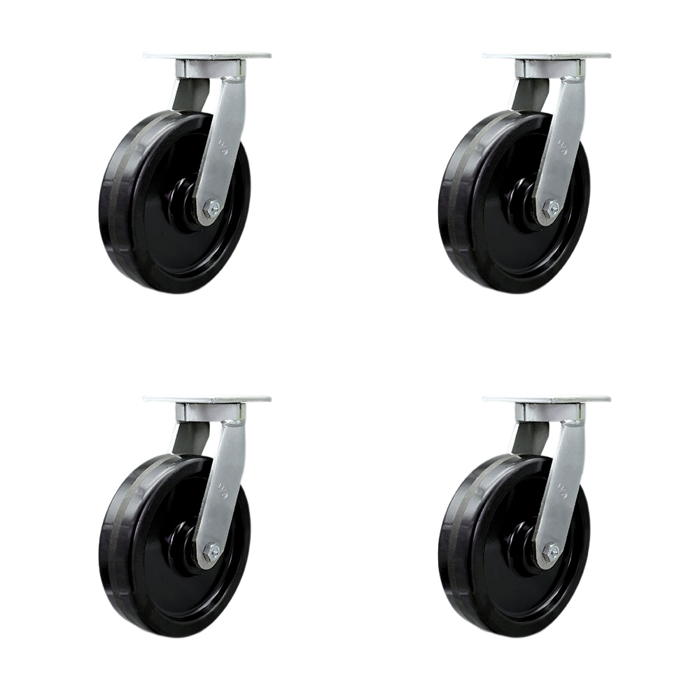Extra Heavy Duty Kingpinless 10” x 3” Phenolic Swivel Caster Set for Cranes, Gantries, Hoists, and Winches-4 Swivel with 2 Bolt on Swivel Lock Brakes-2,900 lbs Per Caster–Set of 4-Service Caster Brand — photo 1