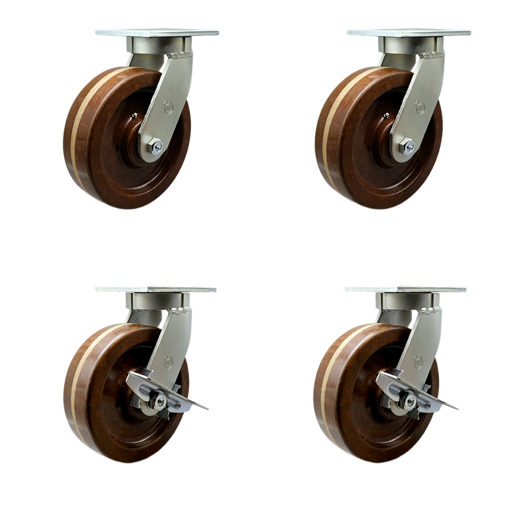 Extra Heavy Duty Kingpinless 10” x 3” High Temp Phenolic Swivel Caster Set for Cranes, Gantries, Hoists, and Winches-4 Swivel with 2 Side Lock Brakes-2,900 lbs Per Caster–Set of 4-Service Caster Brand — photo 1