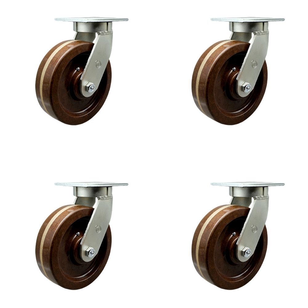 Extra Heavy Duty Kingpinless 10” x 3” High Temperature Phenolic Swivel Caster Set for Cranes, Gantries, Hoists, and Winches - 4 Swivel Casters - 2,900 lbs Per Caster – Set of 4 - Service Caster Brand — photo 1