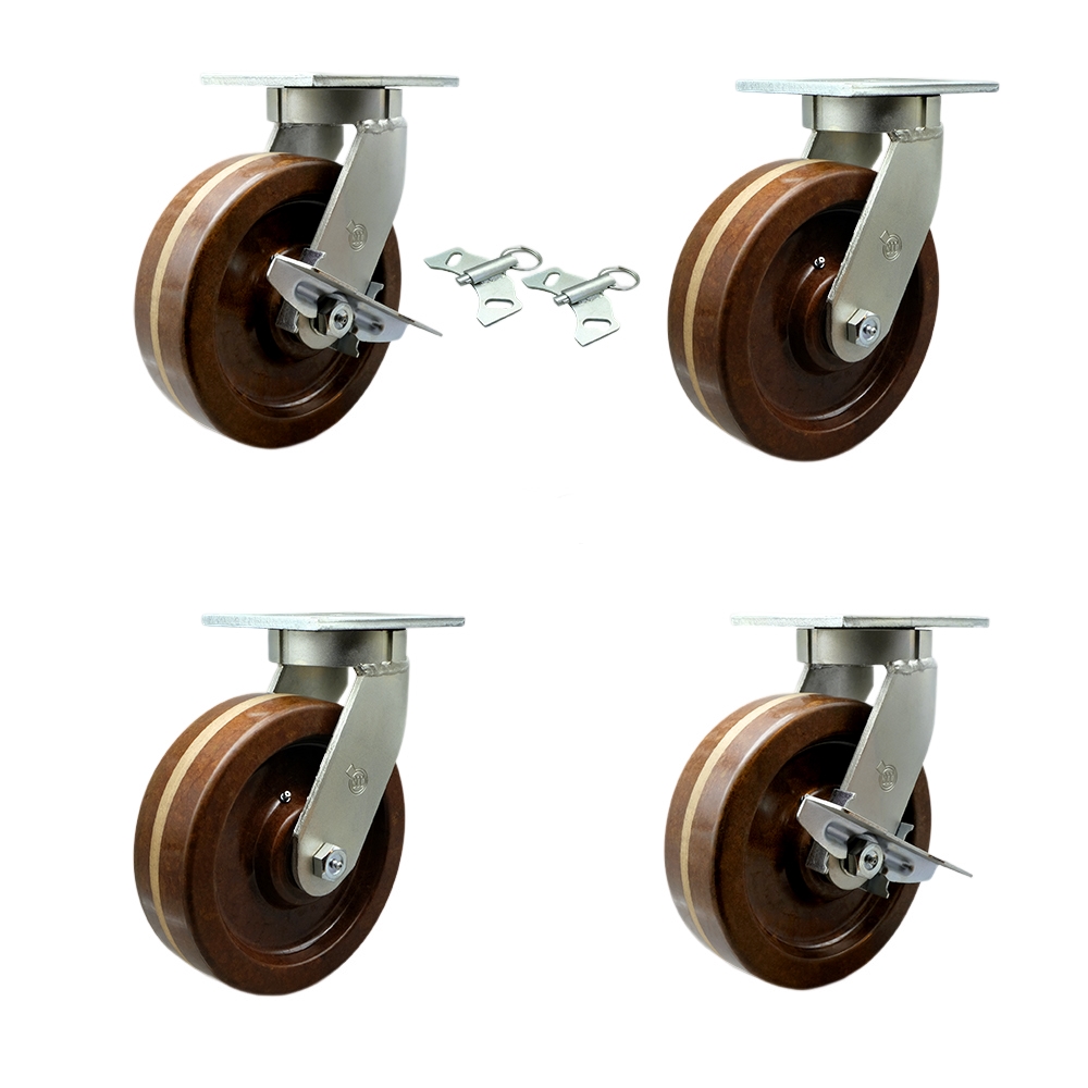 Extra Heavy Duty 10”x3” High Temp Phenolic Swivel Caster Set for Cranes, Gantries, Hoists, and Winches–2 with Swivel Locks and 2 with Side Lock Brake-2,900 lbs Per Caster–Set of 4-Service Caster Brand — photo 1