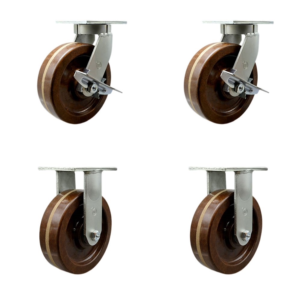 Extra Heavy Duty 10”x3” High Temp Phenolic Swivel Caster Set for Cranes,Gantries,Hoists,and Winches-2 Swivel with Side Lock Brakes and 2 Rigid Casters-2,900lbs Per Caster-Set of 4-Service Caster Brand — photo 1