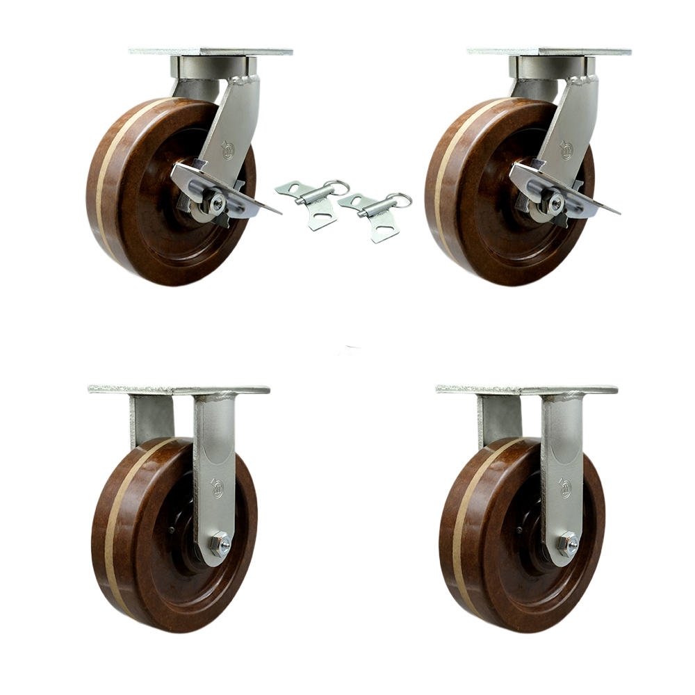 Extra Heavy Duty 10” x 3” High Temp Swivel Caster Set for Cranes, Gantries, Hoists, and Winches - 2 with Brake and Swivel Lock/2 Rigid - 2,900 lbs Per Caster -Set of 4-Service Caster Brand — photo 1