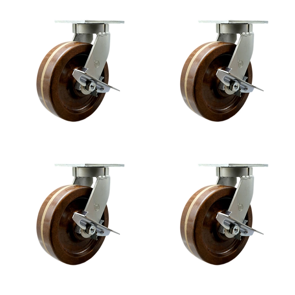 Extra Heavy Duty 10” x 3” High Temp Swivel Caster Set for Cranes, Gantries, Hoists, and Winches - 2 with Brake and Swivel Lock/2 with Brake - 2,900 lbs Per Caster -Set of 4-Service Caster Brand — photo 1