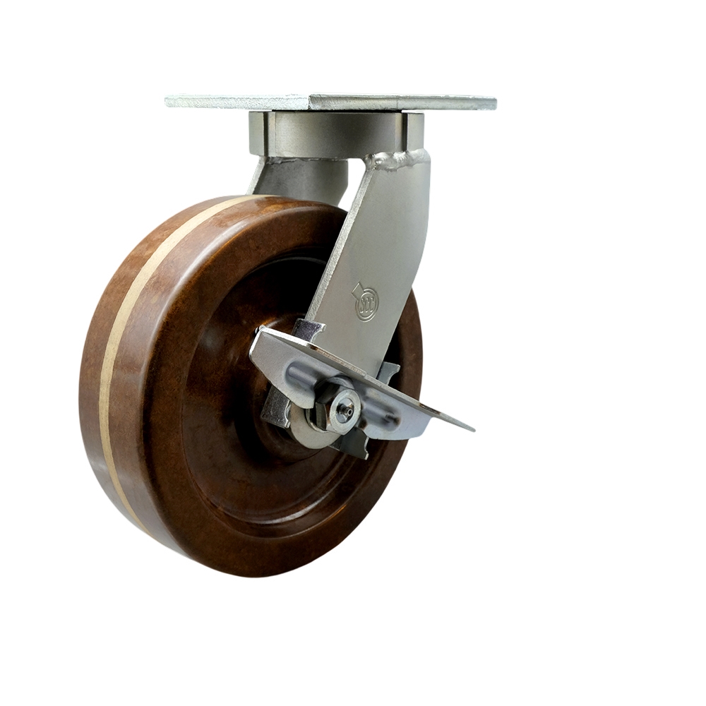 Extra Heavy Duty Kingpinless 10” x 3” High Temperature Phenolic Swivel Caster with Bolt on Swivel Lock and Brake for Cranes, Gantries, Hoists, and Winches - 2,900 lbs Per Caster - Service Caster Brand — photo 1