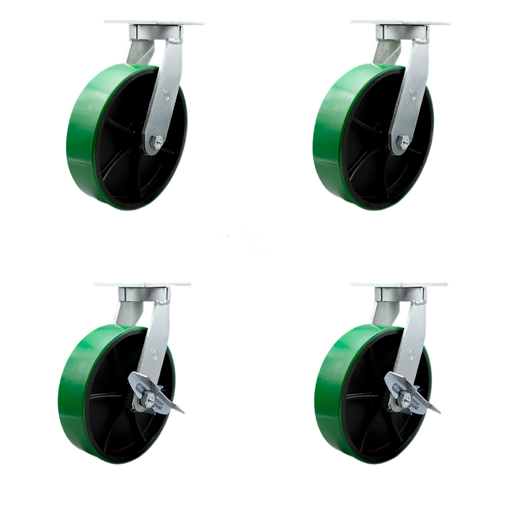 Extra Heavy Duty 10” x 3” Green Poly on Cast Iron Swivel Caster Set for Cranes, Gantries, Hoists, and Winches - 4 Swivel with 2 Side Lock Brakes -3,000 lbs Per Caster–Set of 4 - Service Caster Brand — photo 1