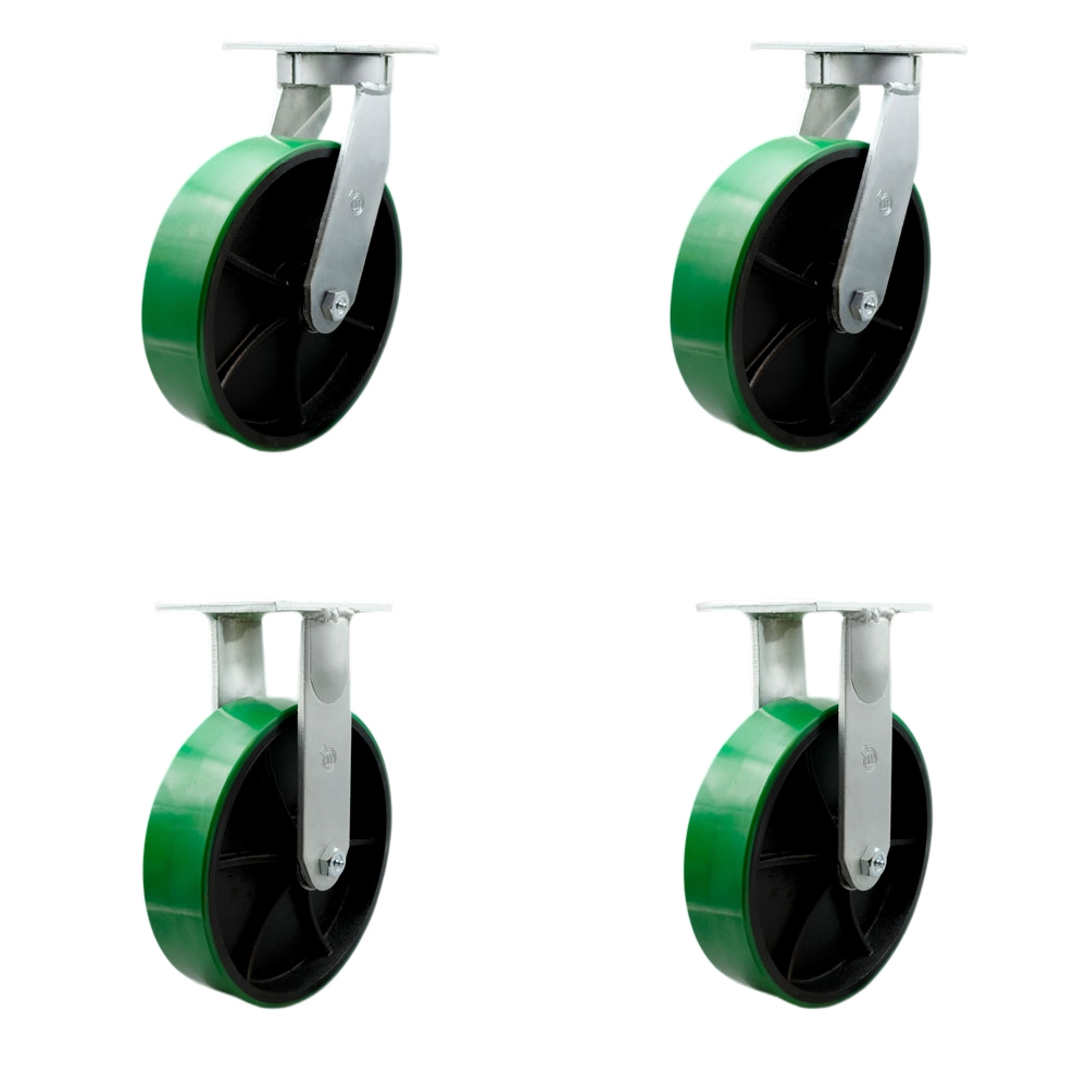 Extra Heavy Duty 10”x3” Green Poly on Cast Iron Swivel Caster Set for Cranes,Gantries,Hoists,and Winches-2 Swivel with Bolt-On Locks and 2 Rigid -3,000 lbs Per Caster-Set of 4 - Service Caster Brand — photo 1