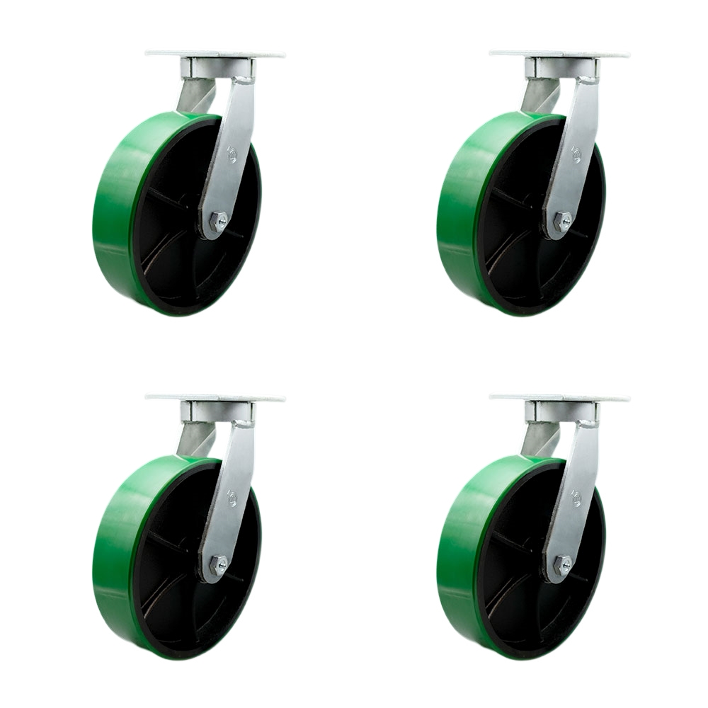 10 Inch Swivel Top Plate Caster Set Extra Heavy Duty Casters with Green Polyurethane on Cast Iron Wheels-Includes 4 Swivel with 2 Bolt on Swivel Locks-Casters Set of 4 Heavy Duty- Service Caster Brand — photo 1