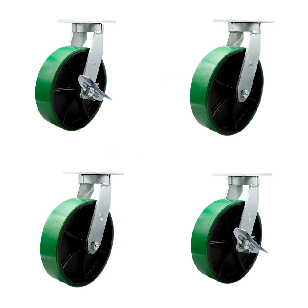 Extra Heavy Duty 10”x3” Green Poly on Cast Iron Swivel Caster Set for Cranes,Gantries,Hoists,and Winches-2 with Swivel Locks and 2 with Side Lock Brakes-3,000lbs Per Caster-Set 4- Service Caster Brand — photo 1