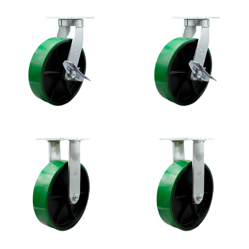 10 Inch Swivel Top Plate Caster Set Extra Heavy Duty Casters with Green Polyurethane on Cast Iron Wheels - Includes 2 Swivel with Brakes and 2 Rigid - Casters Set of 4 Heavy Duty- Service Caster Brand — photo 1