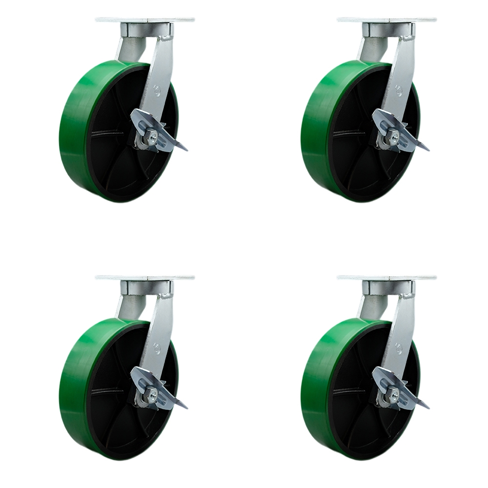Extra Heavy Duty 10” x 3” Green Poly on Cast Iron Swivel Caster Set for Cranes, Gantries, Hoists, and Winches-4 Swivel Casters with Side Lock Brakes-3,000 lbs Per Caster-Set of 4- Service Caster Brand — photo 1