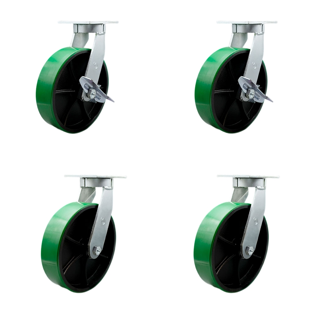 10 Inch Swivel Top Plate Caster Set Extra Heavy Duty Casters with Green Poly on Cast Iron Wheel-Include 2 Swivel w/Brake and Bolt on Swivel Lock and 2 Swivel w/Bolt on Swivel Lock-Service Caster Brand — photo 1