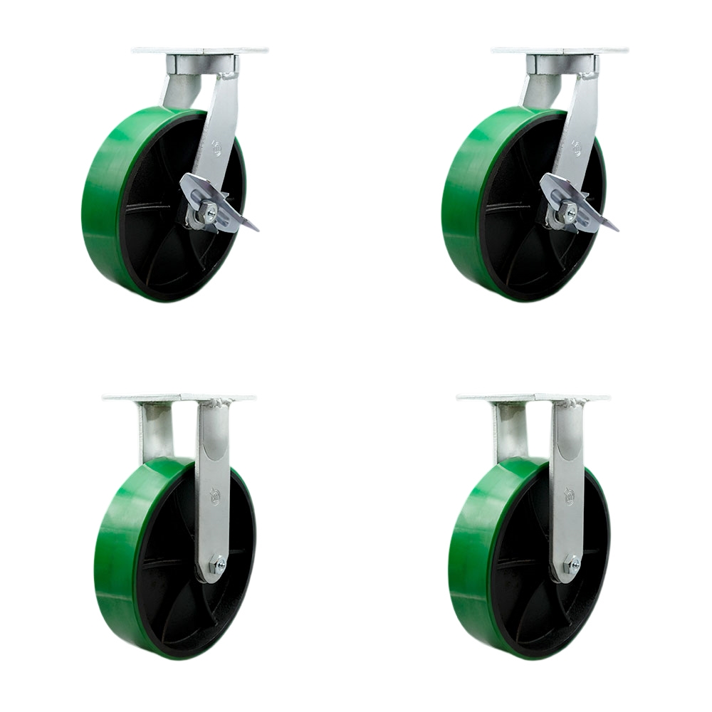 Extra Heavy Duty 10” x 3” Green Poly on Cast Iron Swivel Caster Set for Cranes, Gantries, Hoists, and Winches - 2 with Brake and Swivel Lock/2 Rigid-3,000 lbs Per Caster-Set of 4- Service Caster Brand — photo 1