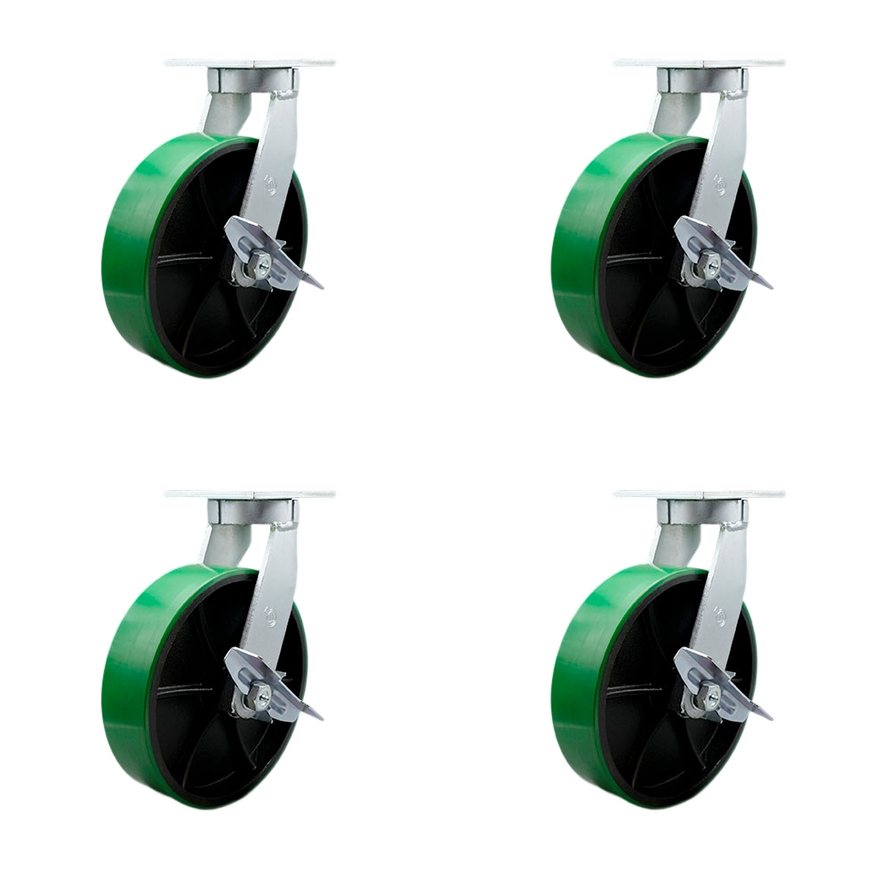 Extra Heavy Duty 10” x 3” Green Poly on Cast Iron Swivel Caster Set for Cranes, Gantries, Hoists,and Winches-2 with Brake and Swivel Lock/2 with Brake-3,000lbs Per Caster-Set of 4-Service Caster Brand — photo 1