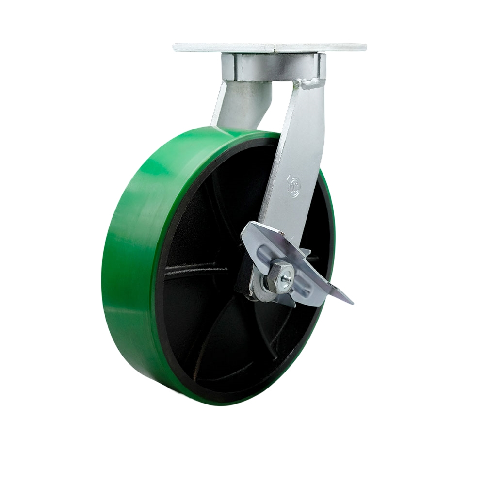 Extra Heavy Duty Kingpinless 10” x 3” Green Poly on Cast Iron Swivel Caster with Bolt on Swivel Lock and Brake for Cranes, Gantries, Hoists, and Winches – 3,000 lbs Per Caster - Service Caster Brand — photo 1
